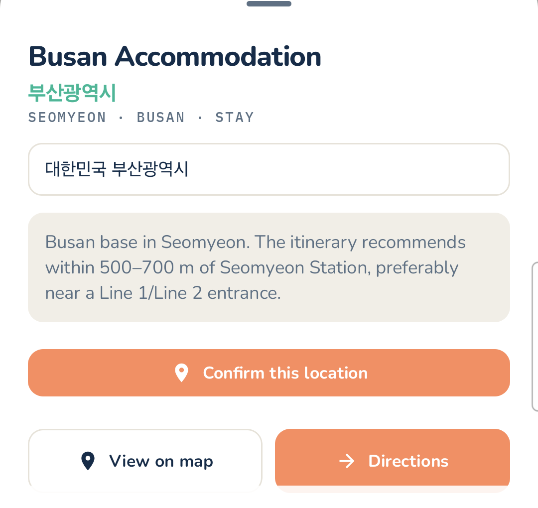 Maptinerary place detail sheet with a confirm-location prompt